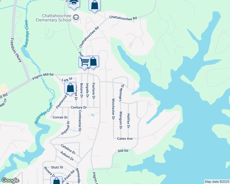 map of restaurants, bars, coffee shops, grocery stores, and more near 2835 Winchester Dr in Cumming