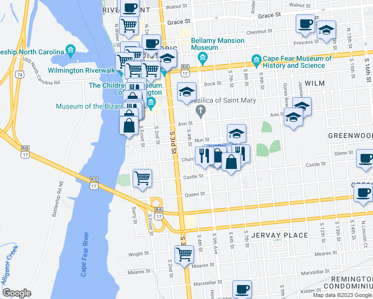 map of restaurants, bars, coffee shops, grocery stores, and more near 412 South 4th Street in Wilmington