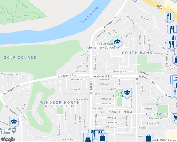 map of restaurants, bars, coffee shops, grocery stores, and more near 2306 Nicklaus Street in Oxnard