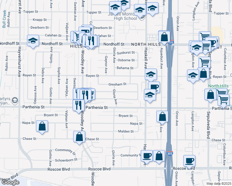 map of restaurants, bars, coffee shops, grocery stores, and more near 8758 Gloria Avenue in Los Angeles