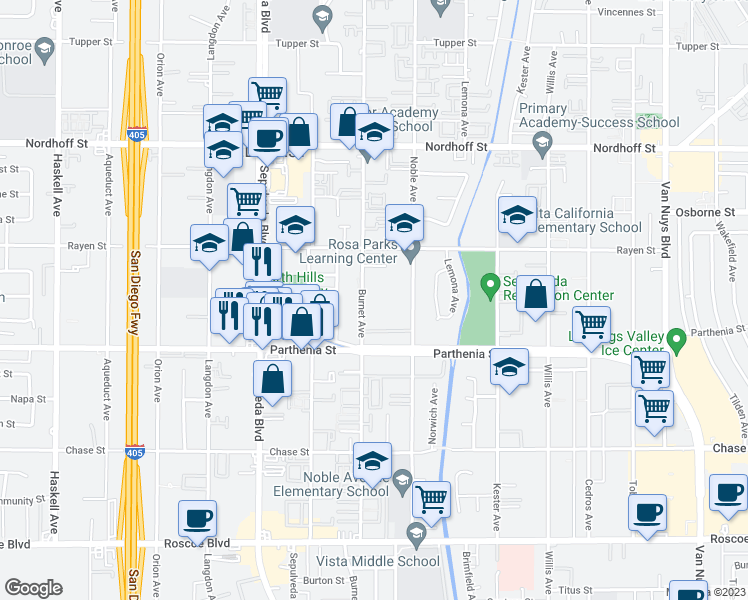 map of restaurants, bars, coffee shops, grocery stores, and more near 8780 Burnet Avenue in Los Angeles