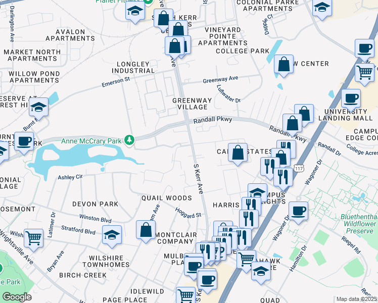 map of restaurants, bars, coffee shops, grocery stores, and more near 412 South Kerr Avenue in Wilmington