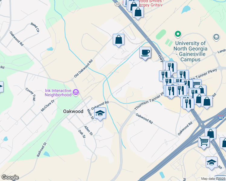 map of restaurants, bars, coffee shops, grocery stores, and more near 4247 Skyline View in Oakwood