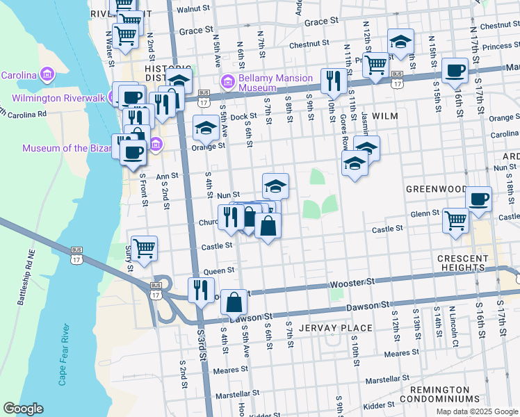 map of restaurants, bars, coffee shops, grocery stores, and more near 417 South 6th Street in Wilmington