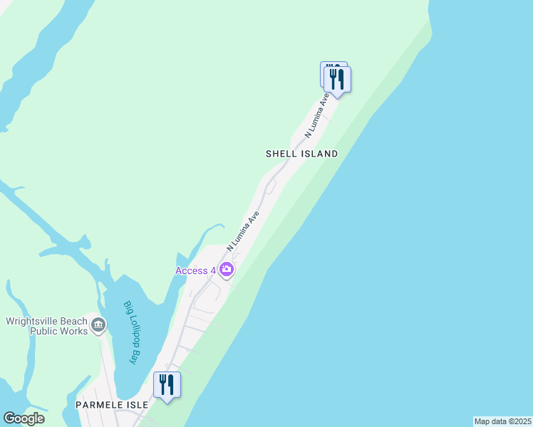 map of restaurants, bars, coffee shops, grocery stores, and more near 2500 North Lumina Avenue in Wrightsville Beach