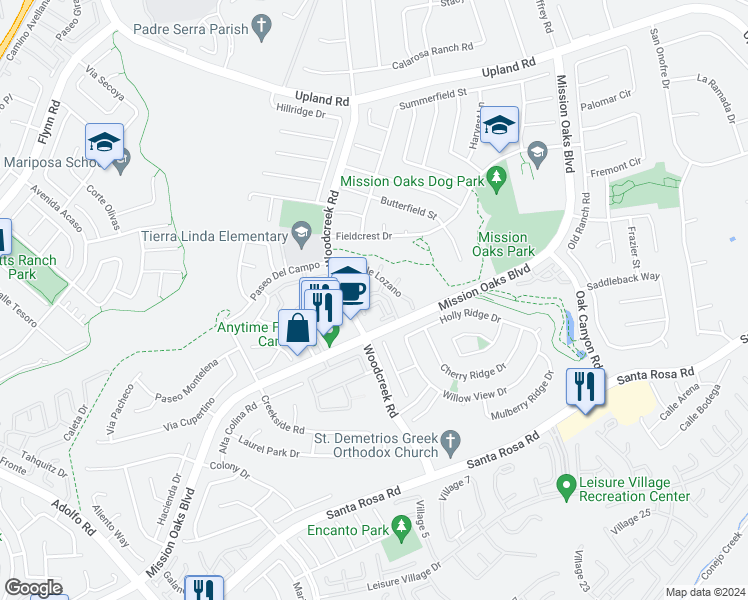 map of restaurants, bars, coffee shops, grocery stores, and more near 1217 Mission Verde Drive in Camarillo