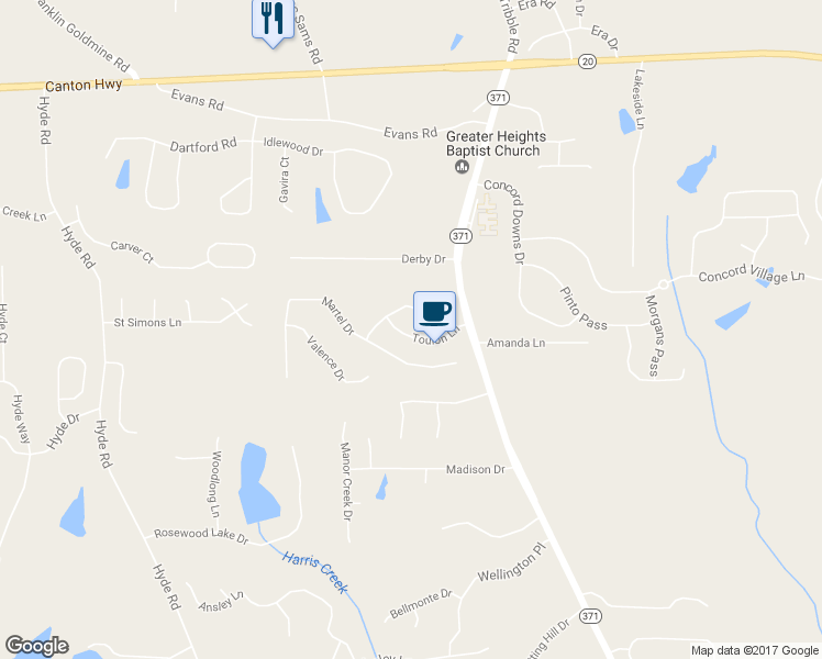 map of restaurants, bars, coffee shops, grocery stores, and more near 4070 Toulon Lane in Cumming