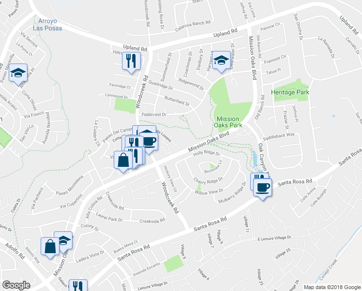 map of restaurants, bars, coffee shops, grocery stores, and more near 1209 Calle Lozano in Camarillo