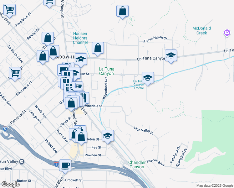 map of restaurants, bars, coffee shops, grocery stores, and more near 8851 Bluffdale Drive in Los Angeles