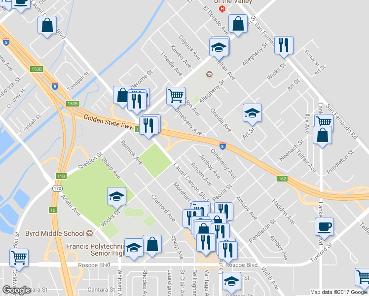 map of restaurants, bars, coffee shops, grocery stores, and more near 12215 Wicks Street in Los Angeles
