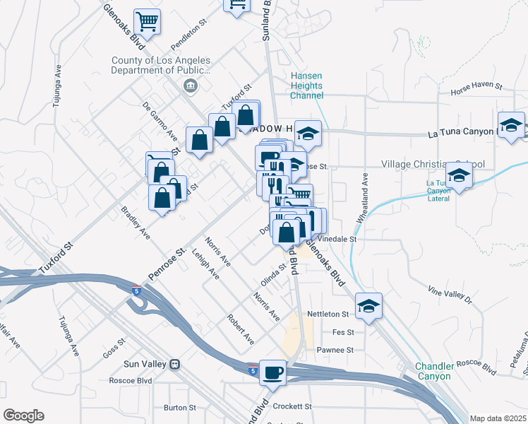 map of restaurants, bars, coffee shops, grocery stores, and more near 10828 Goss Street in Los Angeles