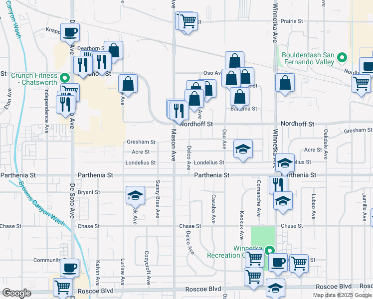 map of restaurants, bars, coffee shops, grocery stores, and more near 20431 Acre Street in Los Angeles