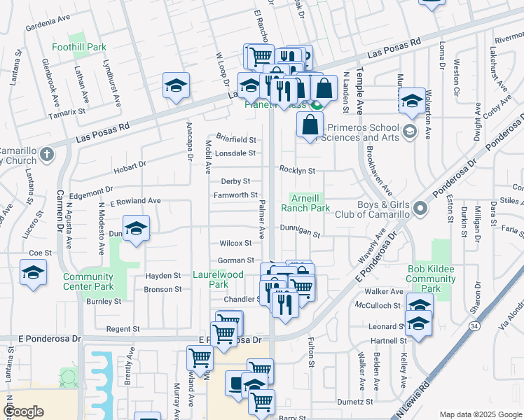 map of restaurants, bars, coffee shops, grocery stores, and more near Palmer Avenue & Sherborne Street in Camarillo