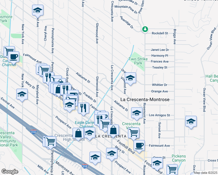 map of restaurants, bars, coffee shops, grocery stores, and more near 2817 Stevens Street in La Crescenta-Montrose