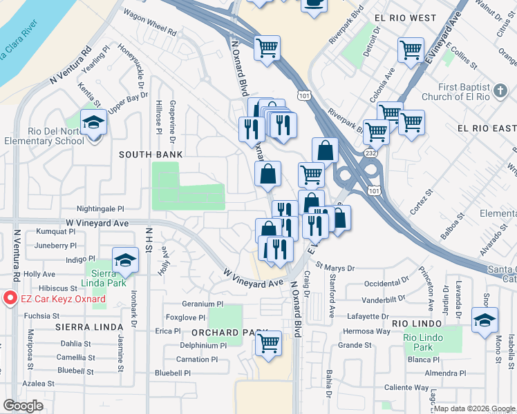 map of restaurants, bars, coffee shops, grocery stores, and more near 249 Orchard Place in Oxnard
