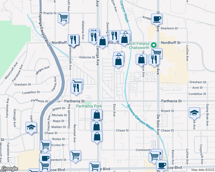 map of restaurants, bars, coffee shops, grocery stores, and more near 8801 Eton Avenue in Los Angeles