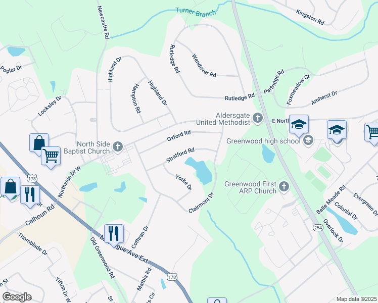 map of restaurants, bars, coffee shops, grocery stores, and more near 111 Stratford Road in Greenwood