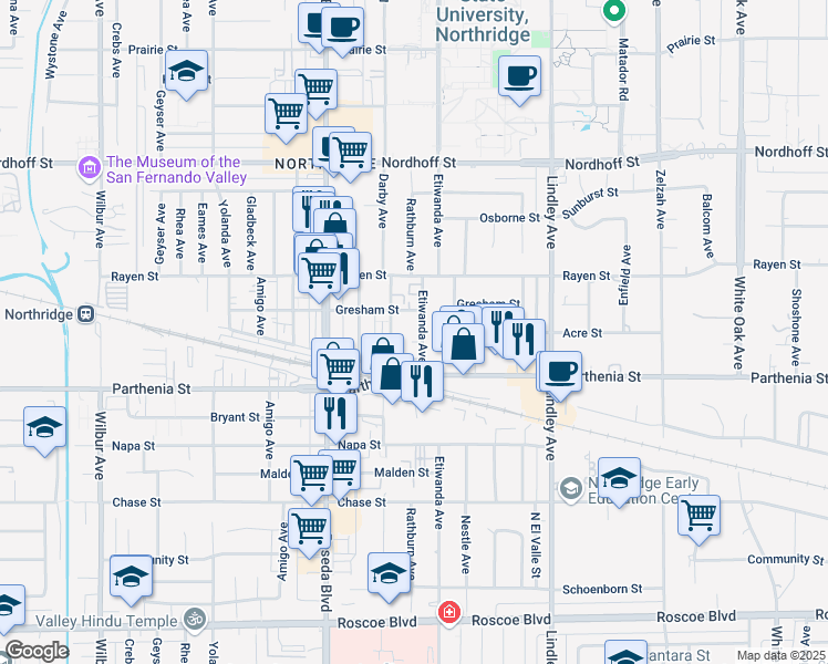 map of restaurants, bars, coffee shops, grocery stores, and more near 8745 Etiwanda Avenue in Los Angeles