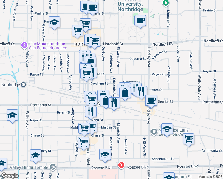 map of restaurants, bars, coffee shops, grocery stores, and more near 8745 Etiwanda Avenue in Los Angeles