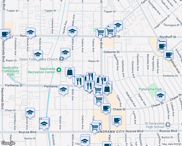 map of restaurants, bars, coffee shops, grocery stores, and more near 8801 Tobias Avenue in Los Angeles