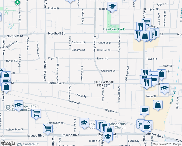 map of restaurants, bars, coffee shops, grocery stores, and more near 17320 Gresham Street in Los Angeles