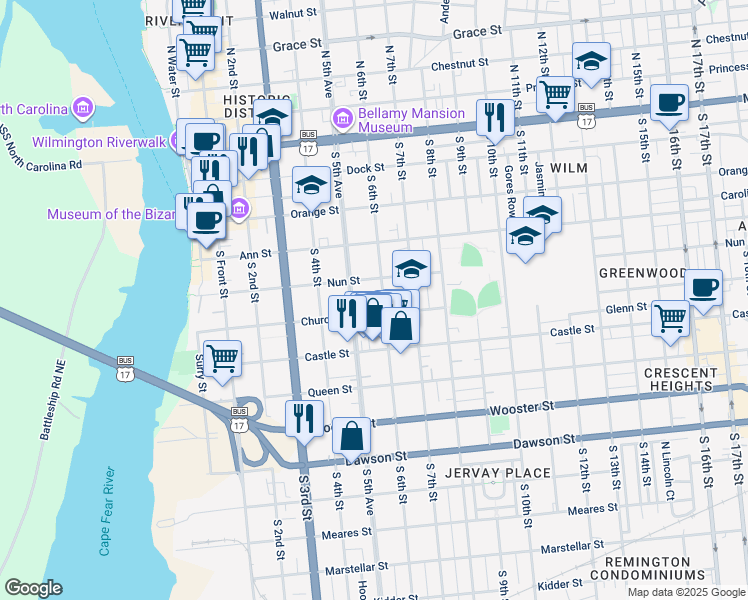 map of restaurants, bars, coffee shops, grocery stores, and more near 416 South 6th Street in Wilmington
