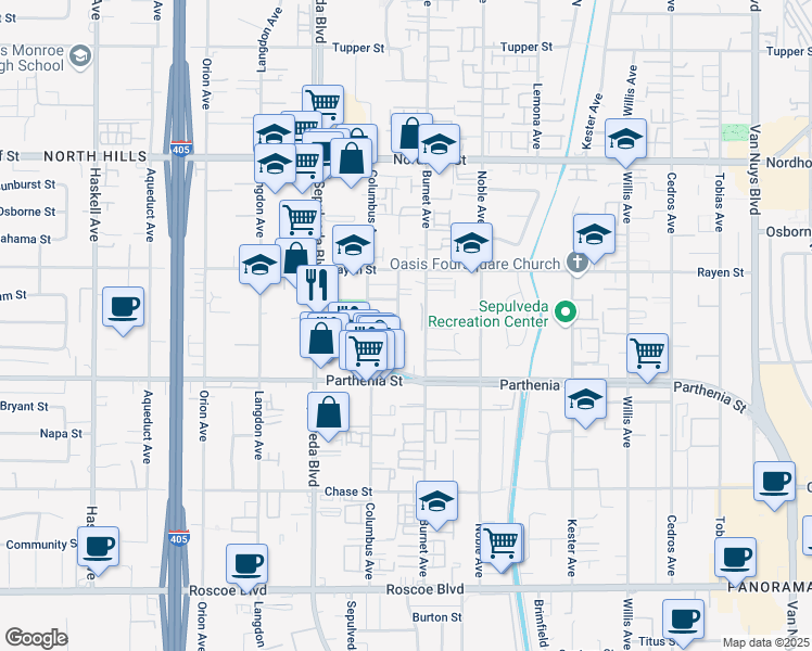 map of restaurants, bars, coffee shops, grocery stores, and more near 8800 Memory Park Avenue in Los Angeles