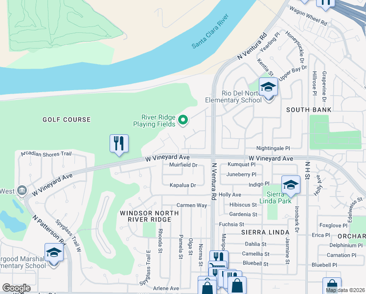 map of restaurants, bars, coffee shops, grocery stores, and more near 1655 Range Road in Oxnard