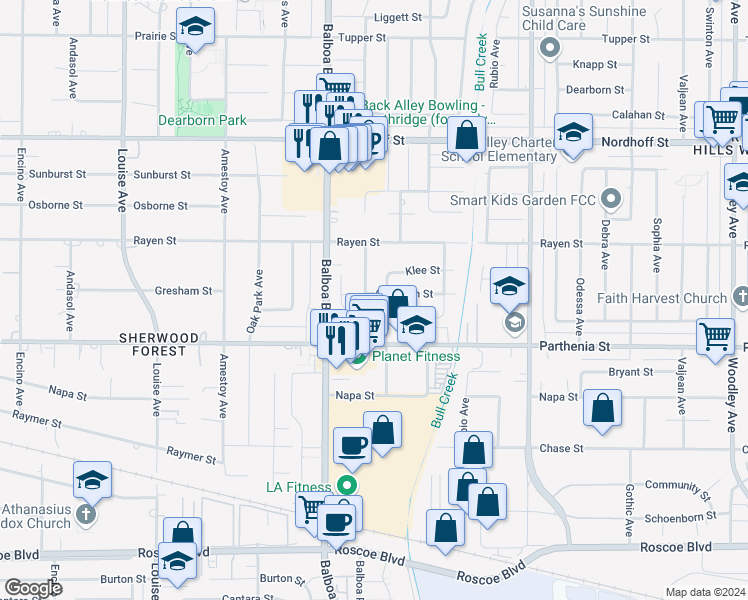 map of restaurants, bars, coffee shops, grocery stores, and more near 16910 Gresham Street in Los Angeles