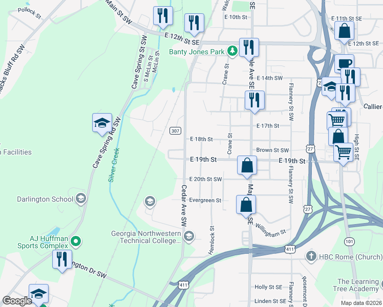 map of restaurants, bars, coffee shops, grocery stores, and more near 428 Cedar Avenue Southwest in Rome