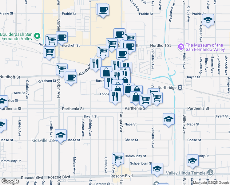 map of restaurants, bars, coffee shops, grocery stores, and more near 19325 Londelius Street in Los Angeles
