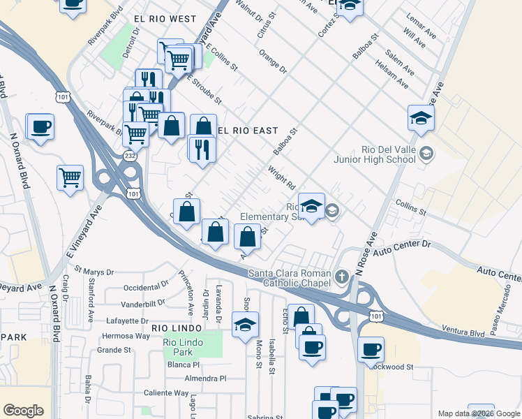 map of restaurants, bars, coffee shops, grocery stores, and more near 2583 Alvarado Street in Oxnard