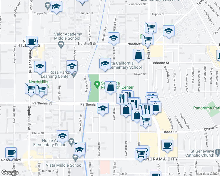 map of restaurants, bars, coffee shops, grocery stores, and more near 8755 Kester Avenue in Los Angeles