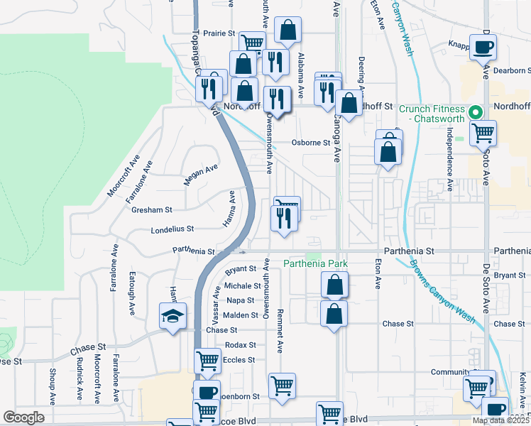 map of restaurants, bars, coffee shops, grocery stores, and more near 8801 Owensmouth Avenue in Los Angeles