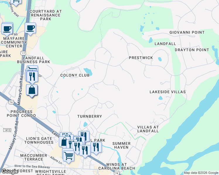 map of restaurants, bars, coffee shops, grocery stores, and more near 1904 Lunar Lane in Wilmington