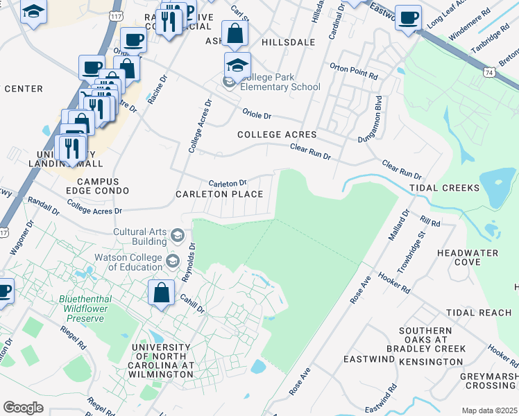 map of restaurants, bars, coffee shops, grocery stores, and more near 337 Monlandil Drive in Wilmington
