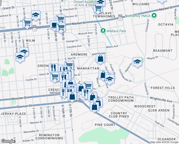 map of restaurants, bars, coffee shops, grocery stores, and more near 2013-2099 Castle Street in Wilmington
