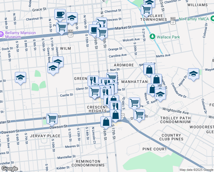map of restaurants, bars, coffee shops, grocery stores, and more near 523 South 17th Street in Wilmington