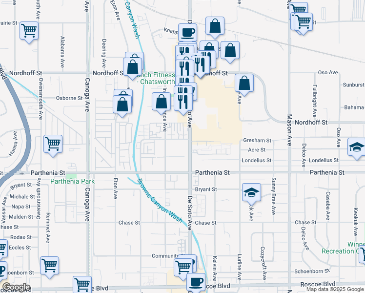 map of restaurants, bars, coffee shops, grocery stores, and more near 20918 Gresham Street in Los Angeles