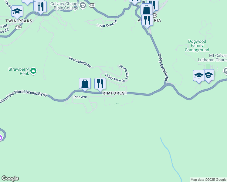map of restaurants, bars, coffee shops, grocery stores, and more near 26600 California 18 in Lake Arrowhead