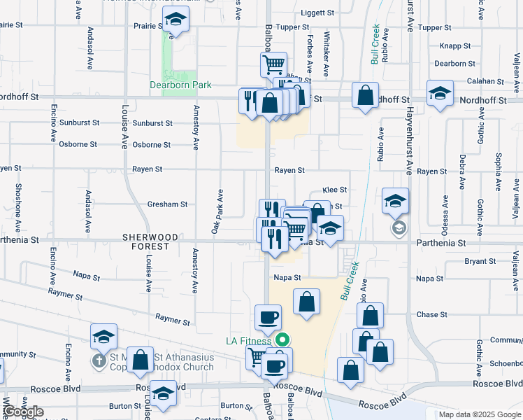 map of restaurants, bars, coffee shops, grocery stores, and more near 8755 Balboa Boulevard in Los Angeles