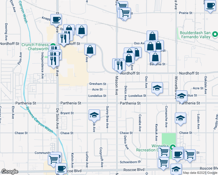 map of restaurants, bars, coffee shops, grocery stores, and more near 20533 Acre Street in Los Angeles