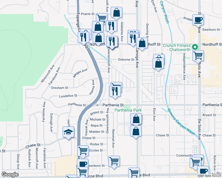 map of restaurants, bars, coffee shops, grocery stores, and more near 8811 Canoga Avenue in Los Angeles
