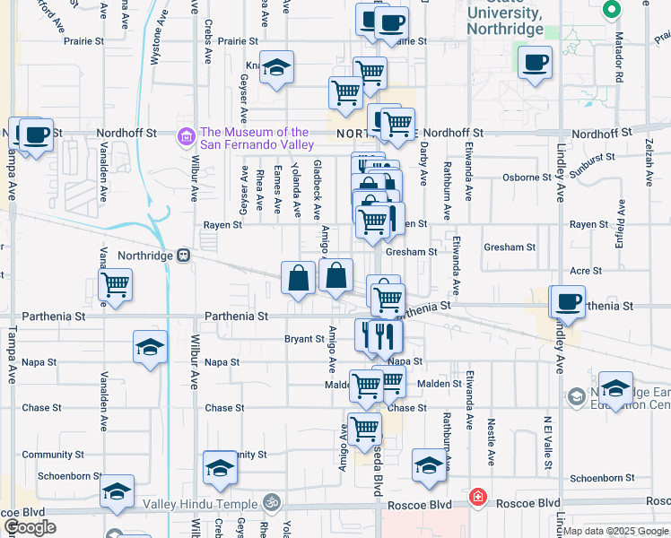 map of restaurants, bars, coffee shops, grocery stores, and more near 8749 Baird Avenue in Los Angeles
