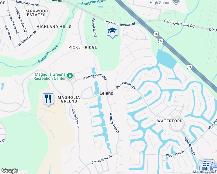 map of restaurants, bars, coffee shops, grocery stores, and more near 265 Morning View Way in Leland