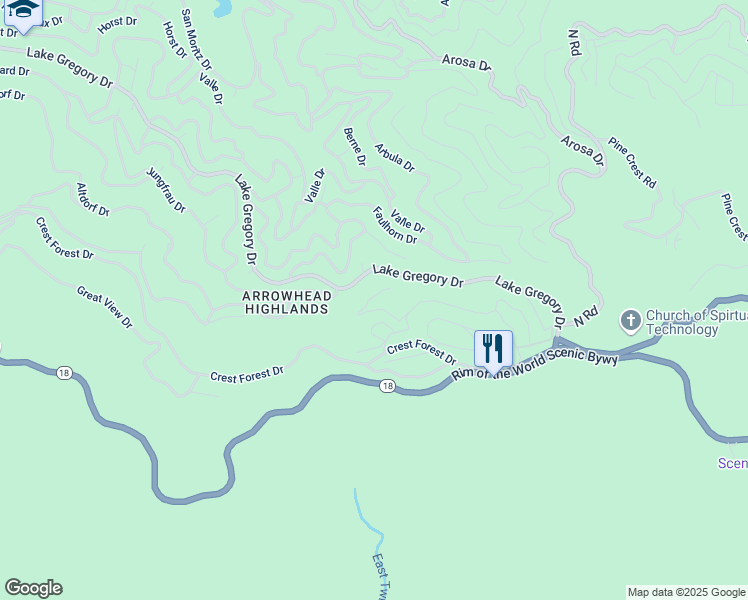 map of restaurants, bars, coffee shops, grocery stores, and more near 24924 Huston Drive in Crestline