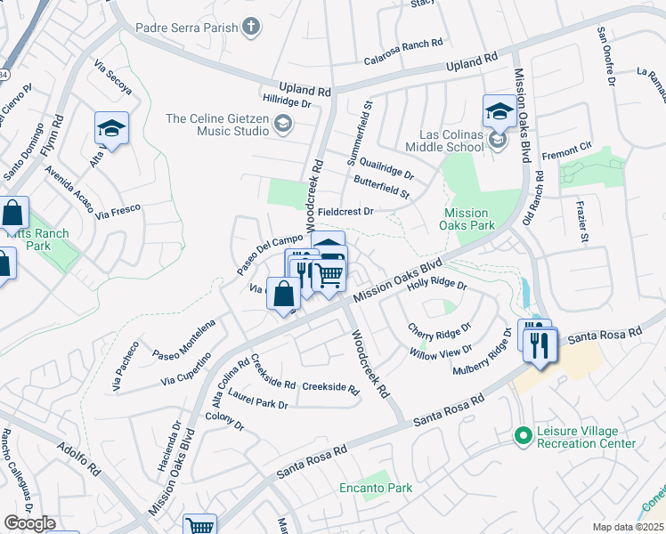 map of restaurants, bars, coffee shops, grocery stores, and more near 1261 Calle Bonita in Camarillo