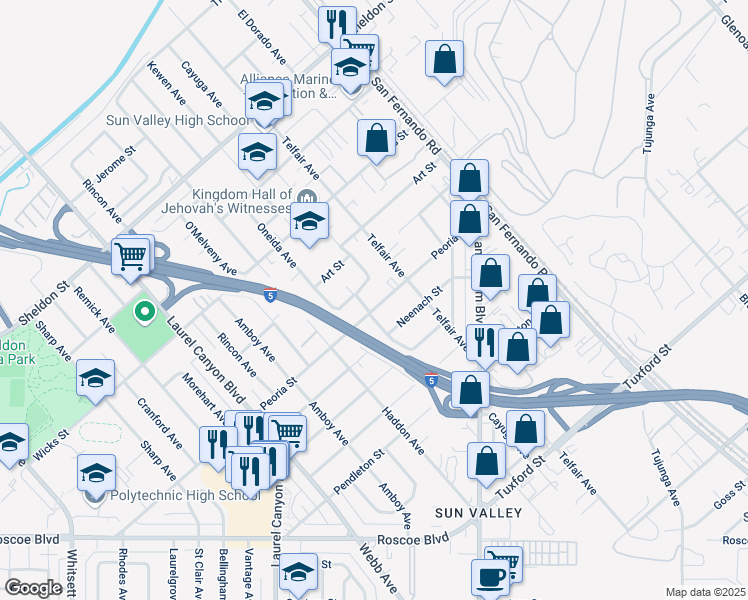 map of restaurants, bars, coffee shops, grocery stores, and more near 11875 Peoria Street in Los Angeles
