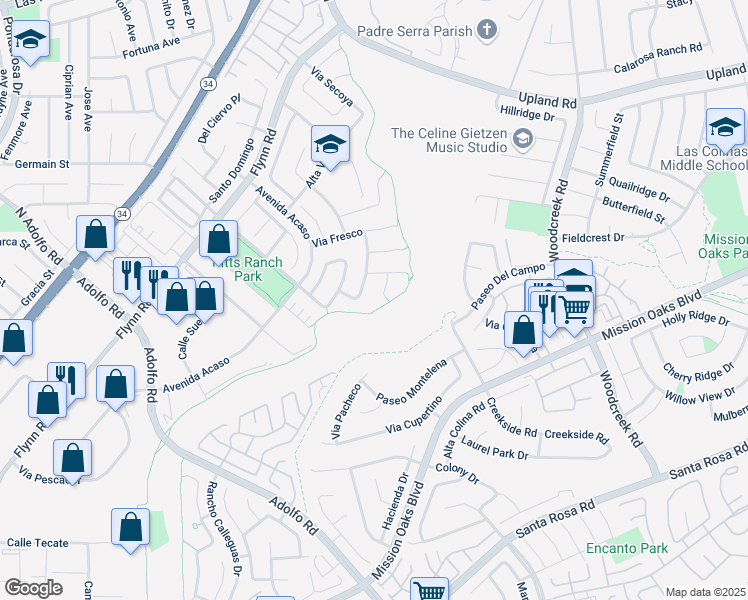 map of restaurants, bars, coffee shops, grocery stores, and more near 1722 Avenida Navidad in Camarillo