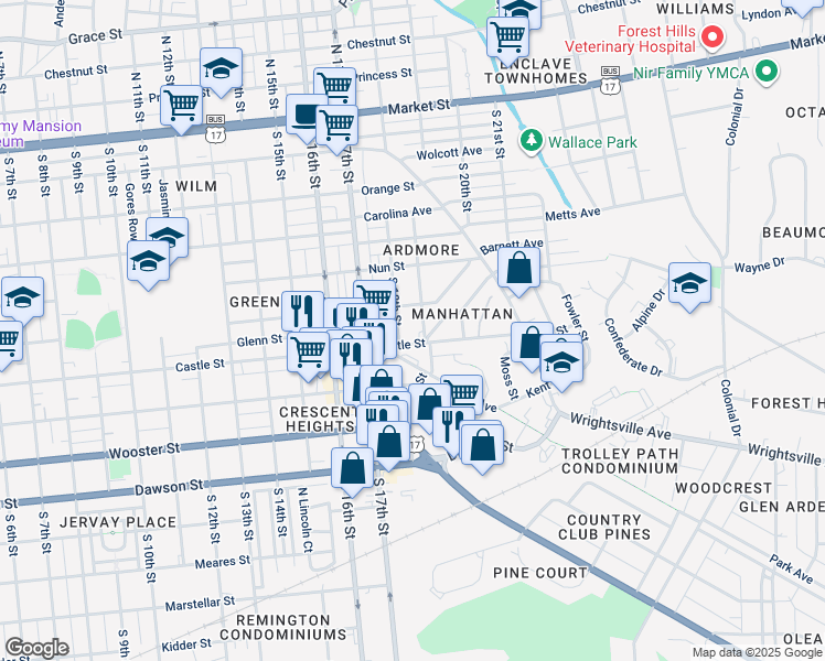 map of restaurants, bars, coffee shops, grocery stores, and more near 530 South 19th Street in Wilmington